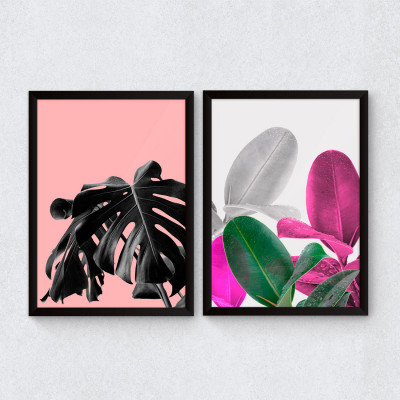 Conjunto de Quadros Decorativos Tropical Rosa