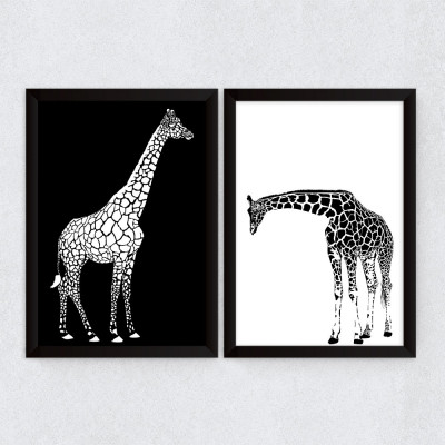 Conjunto de Quadros Decorativos Girafas Preto e Branco