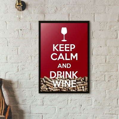 Quadro Porta Rolhas de Vinho - "Keep Calm And Drink Wine" (Moldura Preta)