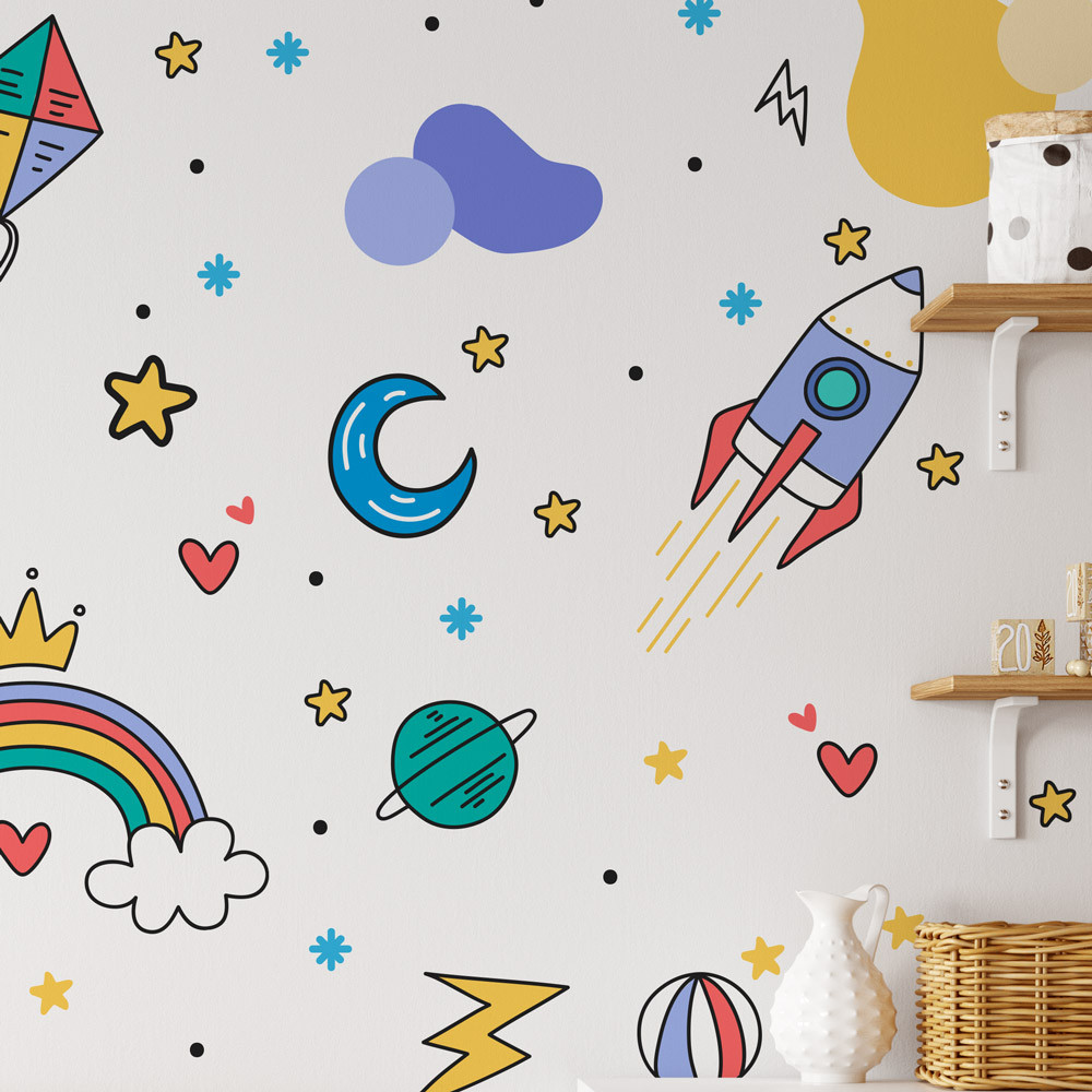 Adesivo de Parede Infantil Arco-íris, Foguete, Bola, Pipa, Estrelas e Formas