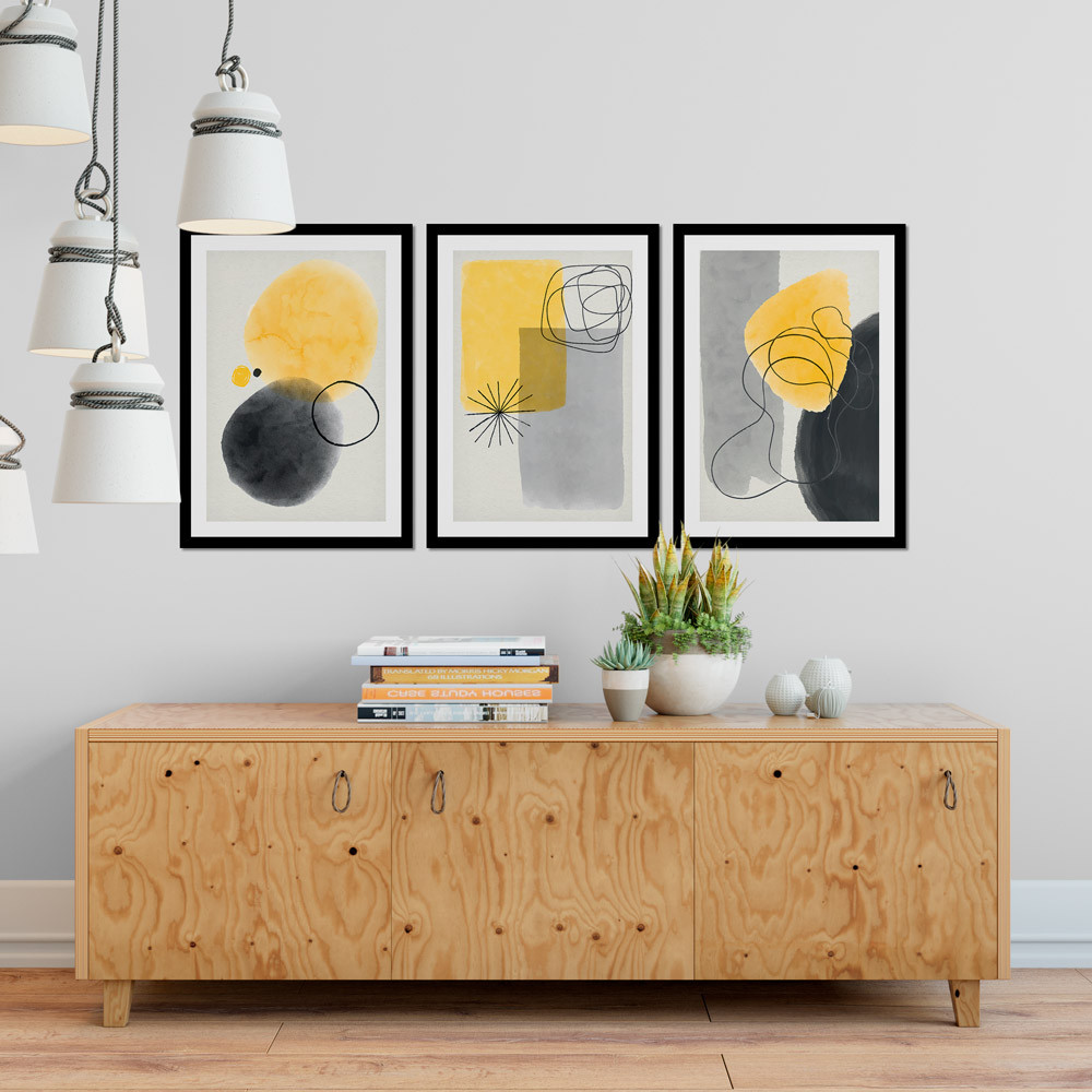 Conjunto de Quadros Decorativos Formas Abstratas Amarelo e Preto