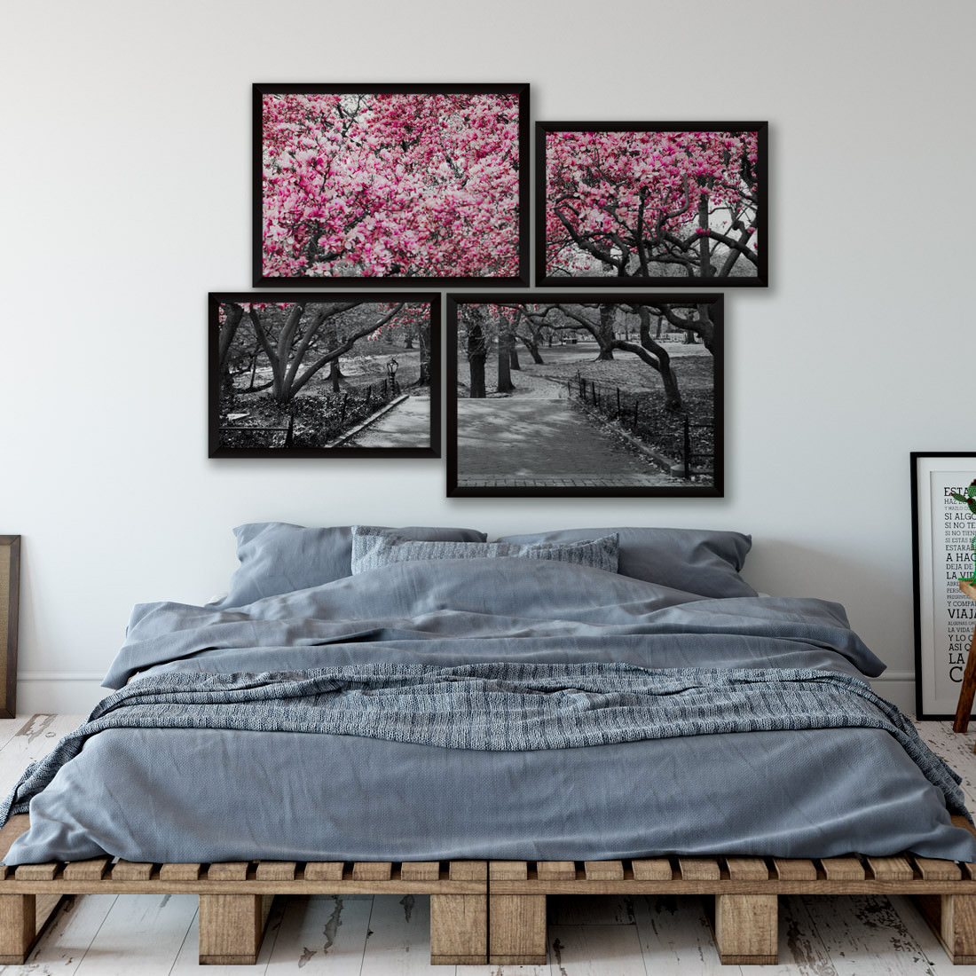 Conjuntos de Quadros Decorativos Assimétrico Árvore Rosa