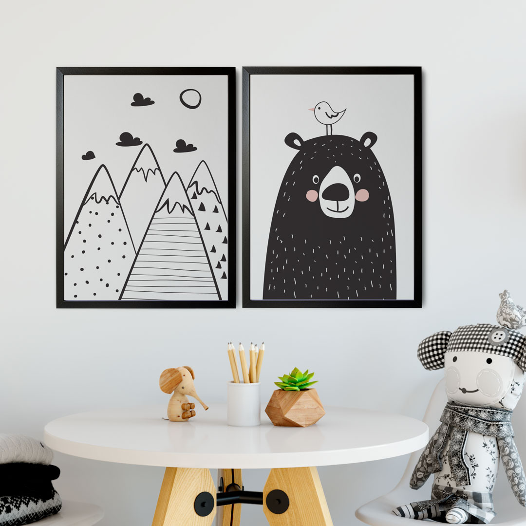Conjunto de Quadros Decorativos Infantil Urso Montanhas