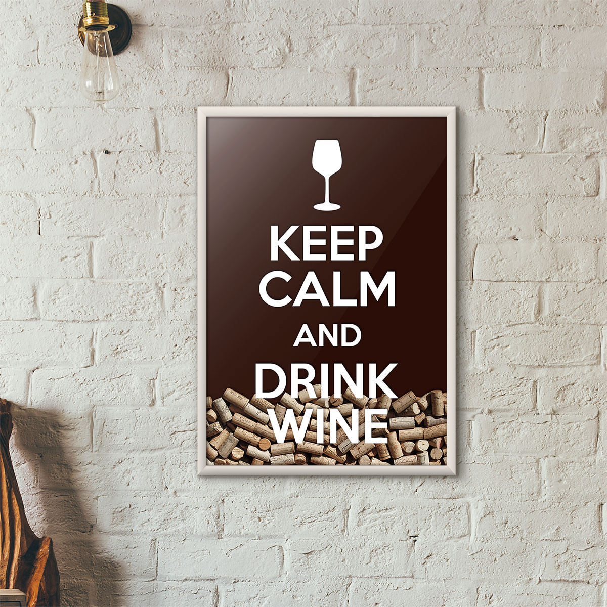 Quadro Porta Rolhas de Vinho - "Keep Calm And Drink Wine" (Moldura Branca) - Fundo Marrom