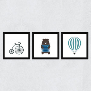 Conjunto de Quadrinhos Decorativos "Ursinho, Balão e Bicicleta"