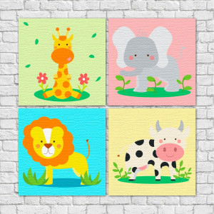 Conjunto de Quadros Decorativos Infantil Animais Divertidos - Em Canvas
