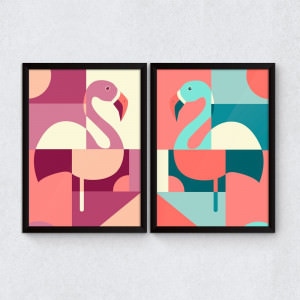 Conjunto de Quadros Decorativos Flamingos Abstratos Coloridos