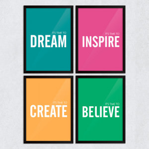 Conjunto de Quadros Decorativos "It's Time To Dream, Inspire, Create and Believe"