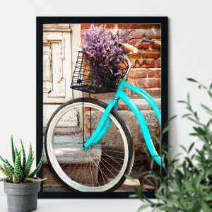 Quadro Decorativo Bicicleta Retrô Azul Cestinha Lavanda