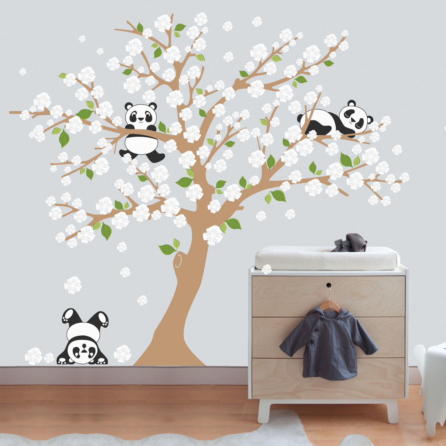 Adesivo de Parede Árvore Pandas - Flores Brancas