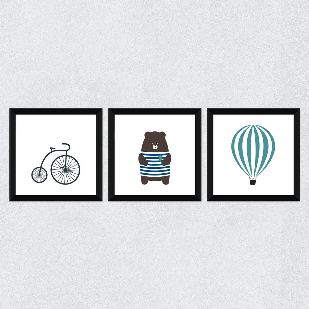 Conjunto de Quadrinhos Decorativos "Ursinho, Balão e Bicicleta"