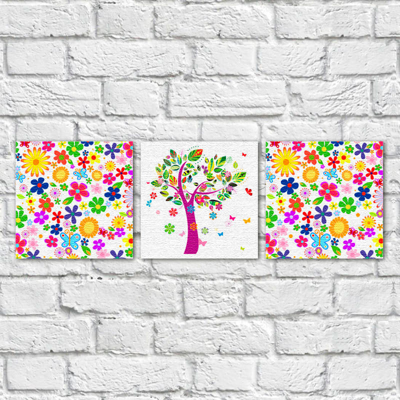 Conjunto de Quadros Decorativos Estampa Floral Árvore Abstrata - Em Canvas