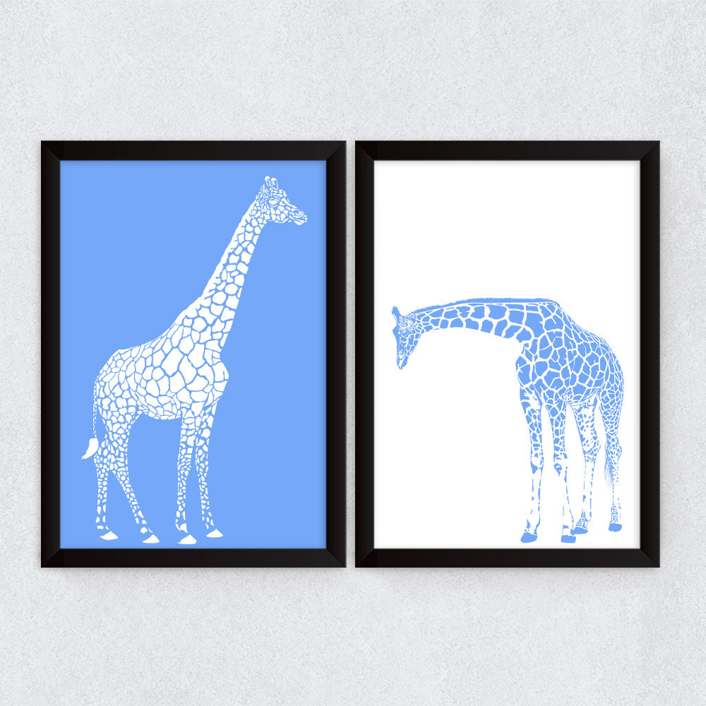Conjunto de Quadros Decorativos Girafas Azul