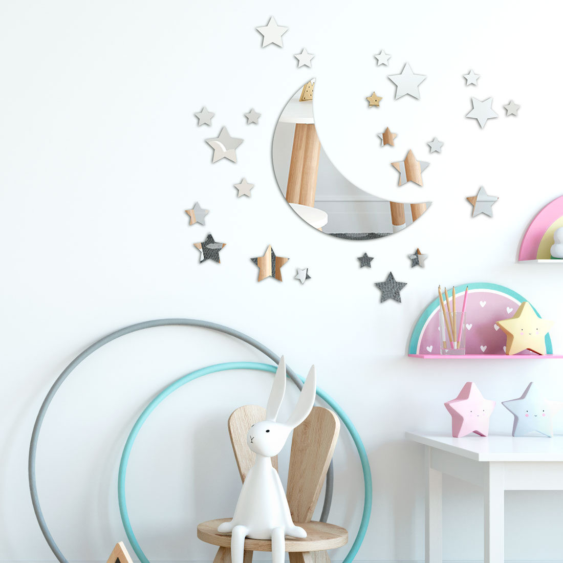 Espelho Decorativo Infantil Meia Lua e Estrelas