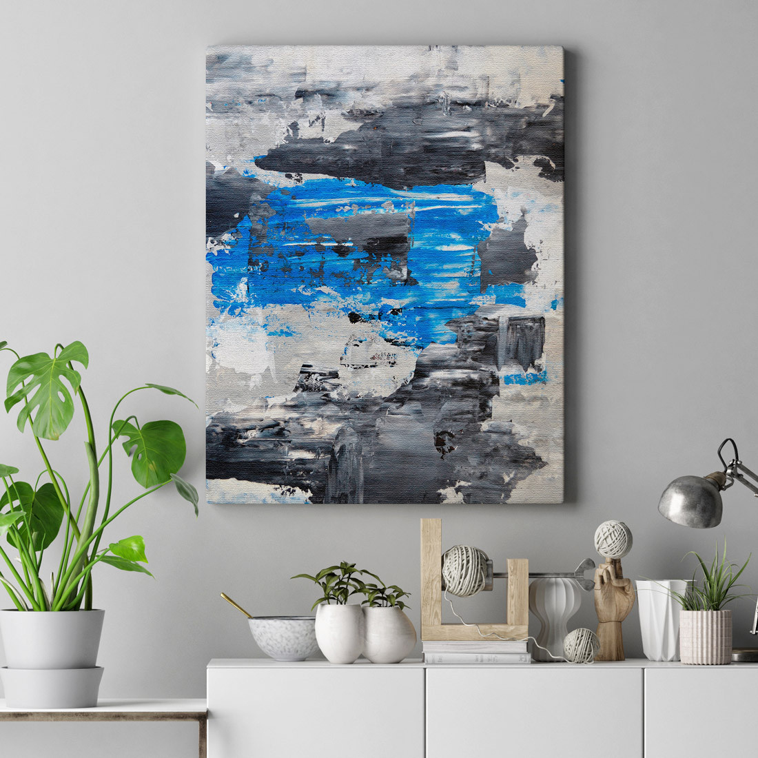 Quadro Decorativo Abstrato Manchas de Tinta Azul e Cinza - Em Canvas