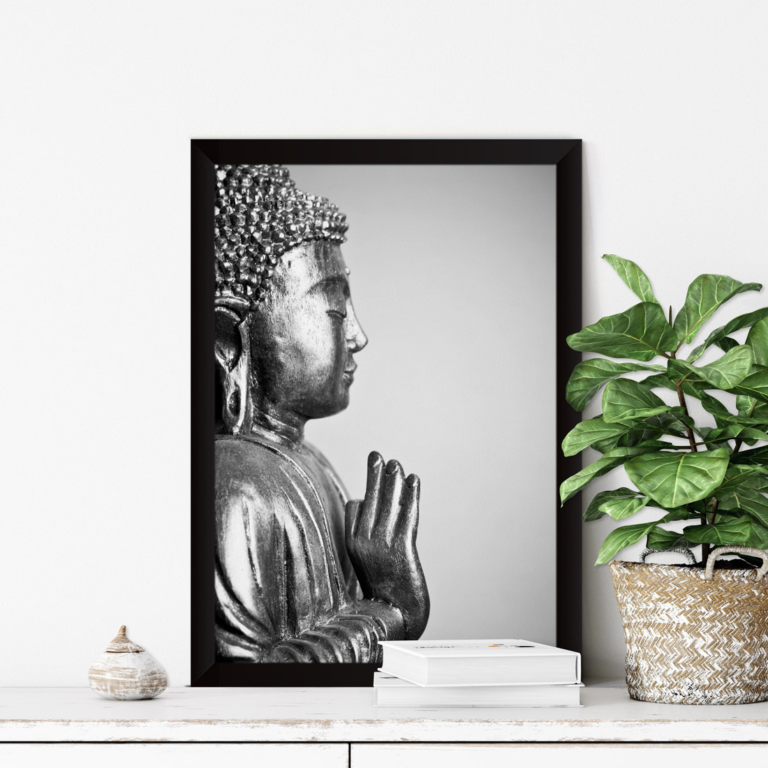 Quadro Decorativo Buddha Vitarka Mudra Preto e Branco