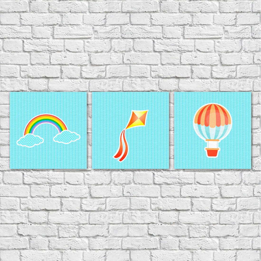 Conjunto de Quadros Decorativos Infantis Balão, Pipa e Arco-íris - Em Canvas